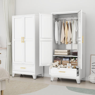 71" White Metal Tall Clothing Storage Armoire Wardrobe