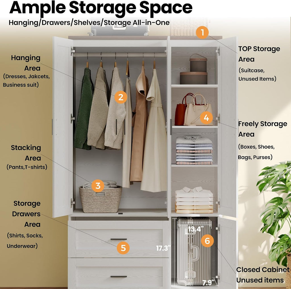 3-Door Armoire Wardrobe Closet with 2 Drawers and Shelves, White | Modern Farmhouse Style / Hanging Rod / Adjustable