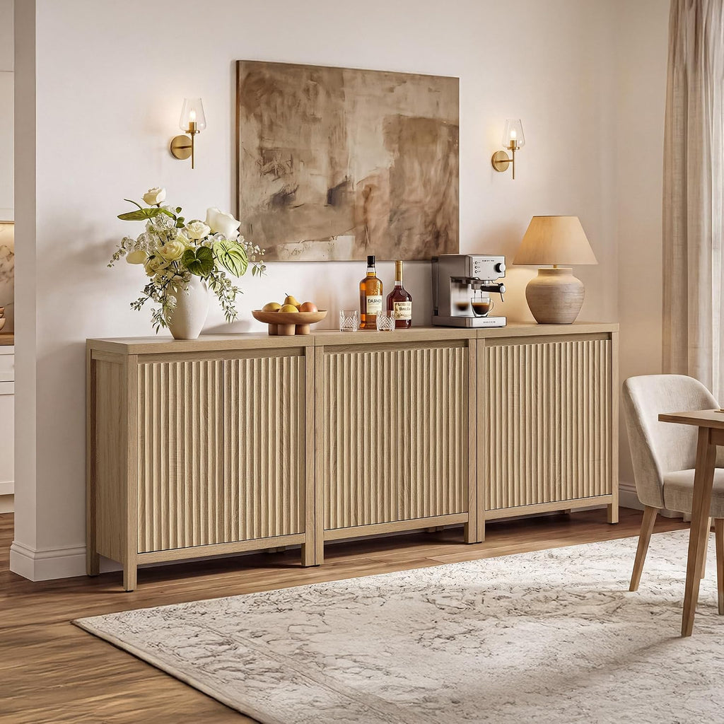 Sideboard Buffet Cabinet with Storage, Fluted Credenza Buffet Table | Console Cabinet with Adjustable Shelves