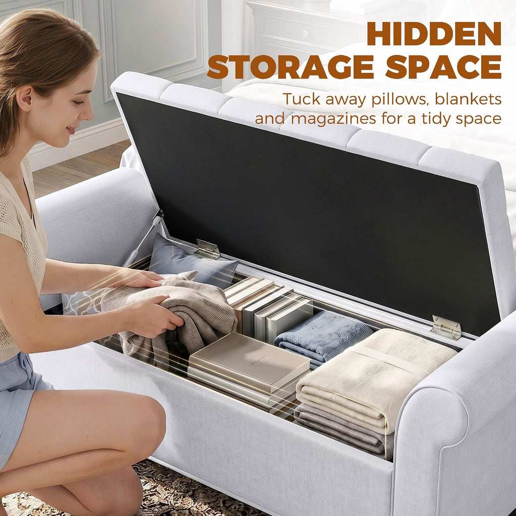 47" Ottoman wih Storage End of Bed Bench with Rolled Arms Light Gray | Storage Chest, Safety Hinge, Wooden Legs