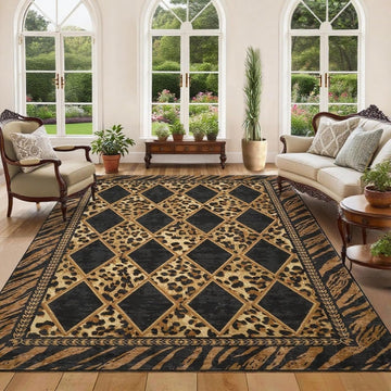 Leopard Rugs, Washable Animal Print Large Area Rugs Non Slip, Soft Low Pile Checkered Indoor Carpet, Brown/Black