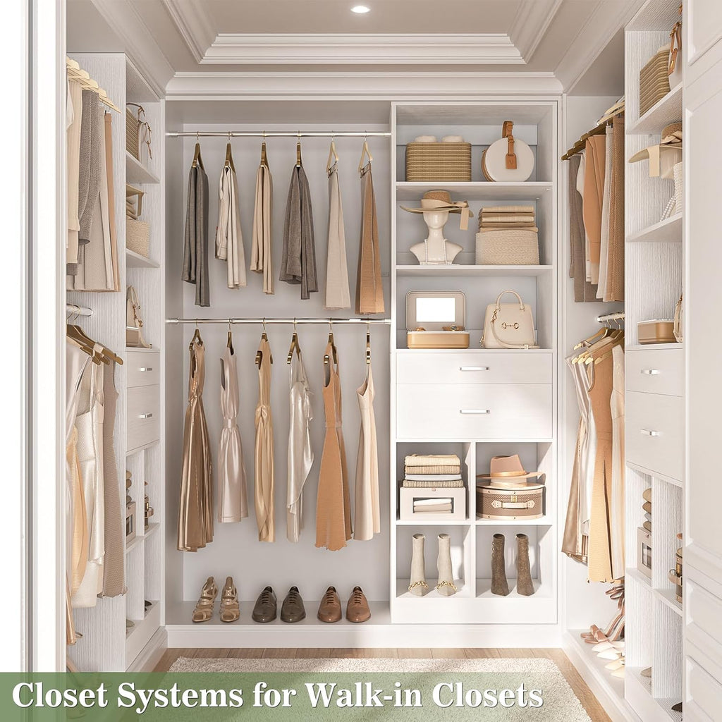 Closet System, 4-8 FT Closet Organizer Tower with 2 Wooden Drawers and Shelves, Can Fit 60 to 96 inch Walk-in Closet