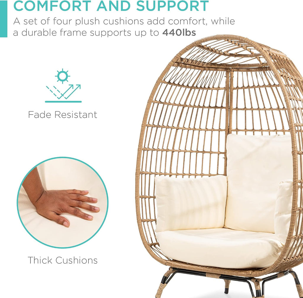 Wicker Egg Chair, Oversized Indoor Outdoor Lounger , Backyard, Living Room w/ 4 Cushions, Steel Frame, 440lb Capacity
