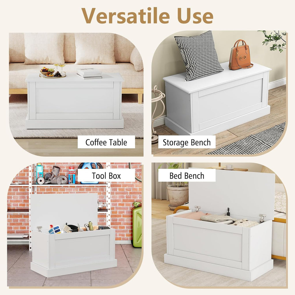 35.5-inch Wooden Storage Bench, Lift Top Storage Box (White) | Large Storage Chest | Farmhouse Storage Trunk | Metal