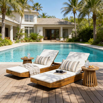 2 PCS Outdoor Lounge Chaise with 2-Fold Thin Cushions, Teak Finish Acacia Wood Lounge Chair Lounge with Cream Cushion