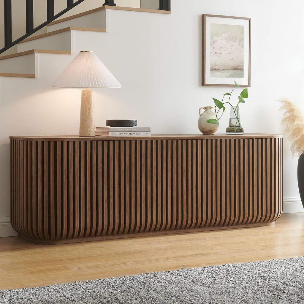 Fortitude 75" Fluted Curved Sideboard Buffet with 4 Doors in Walnut - Modern Media Console TV Stand with Adjustable