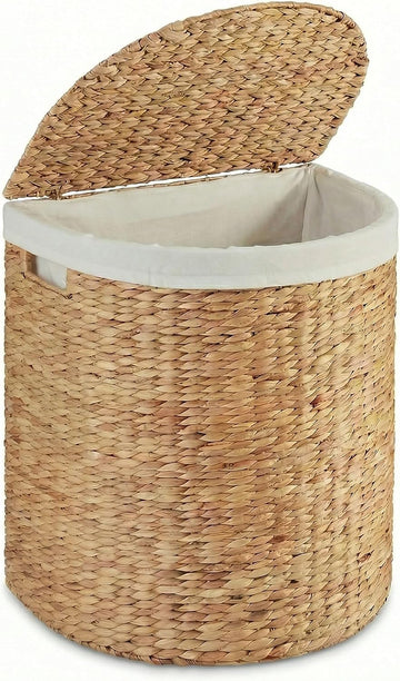 TM Water Hyacinth Laundry Hamper with Lid Stylish Half Moon Basket | Removable Liner and Lid, Handwoven, With