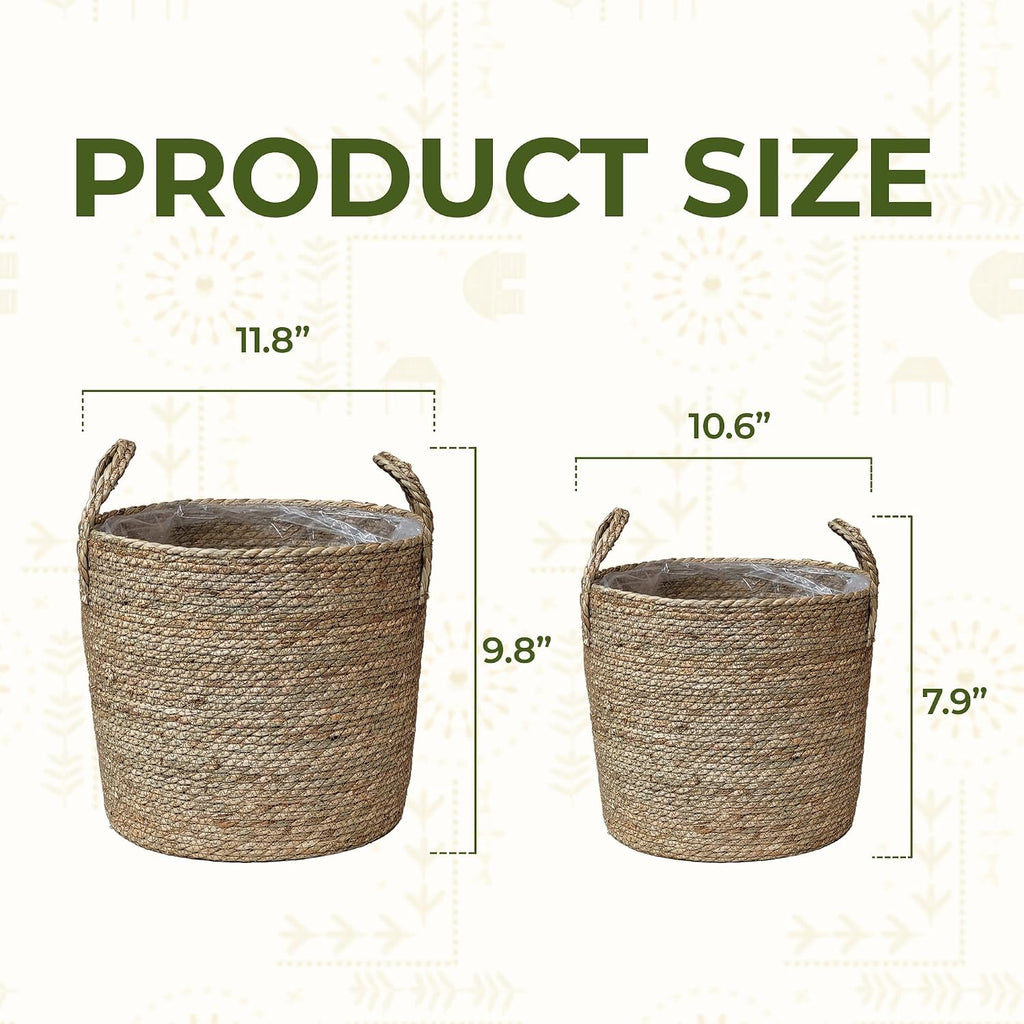 Set of 2 Woven Seagrass Planter Baskets with Handles - Handwoven Plant & Flower Pots for Indoor or Outdoor Use