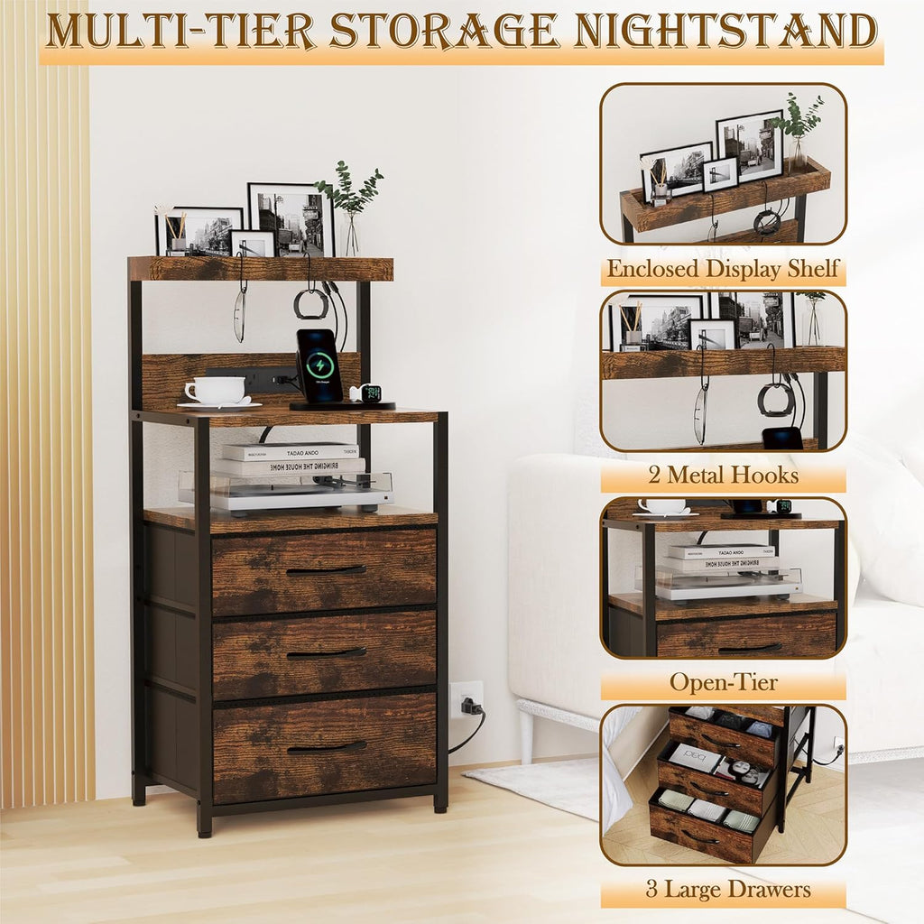 Nightstands Set of 2 with Outlet and USB C Port, Bedroom Night Stand with Led Lights and 3 Fabric Drawers, Matching