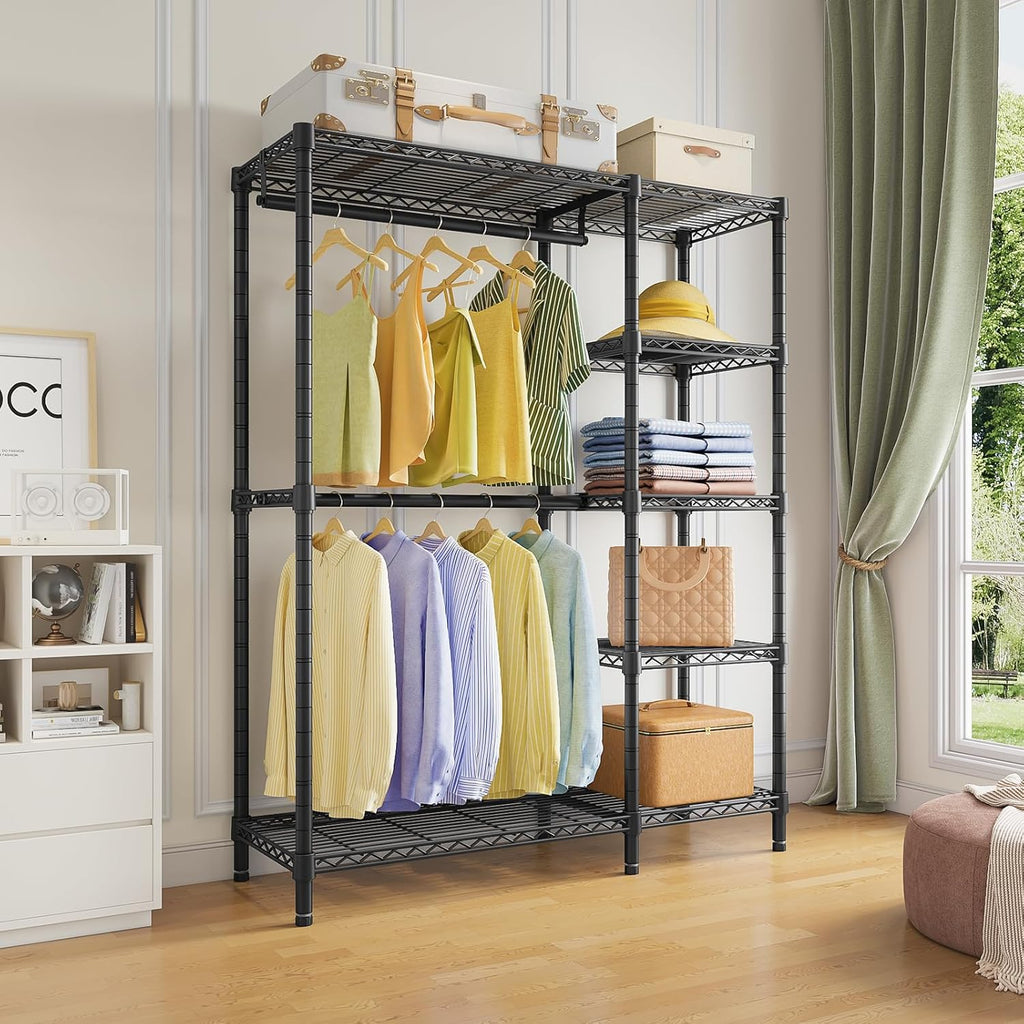 V7 Clothes Rack with Shelves Heavy duty Closet for Hanging Clothes | 5 Tiers Adjustable Wire Shelving, Double Hanging