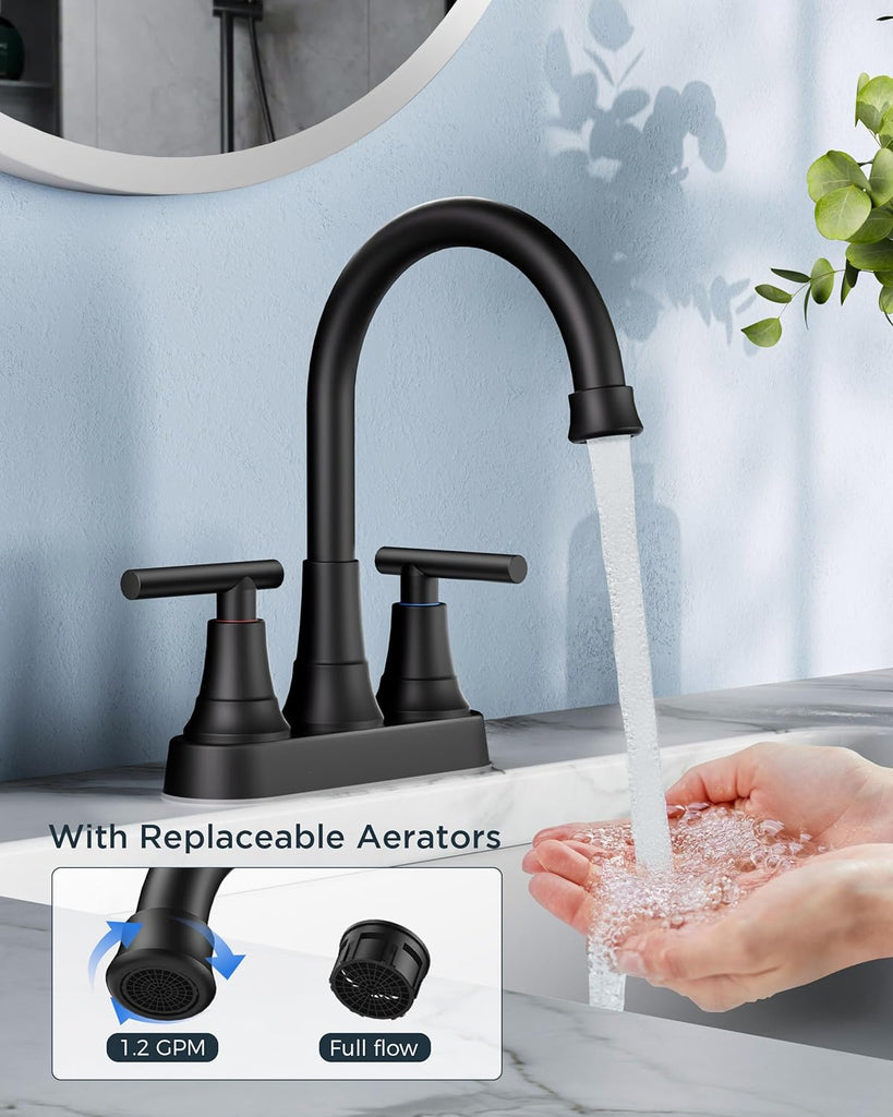 Matte Black Bathroom Faucets, 4 Inch Centerset Bathroom Sink Faucet 2 or 3 Hole with Pop up Drain and cUPC Hose