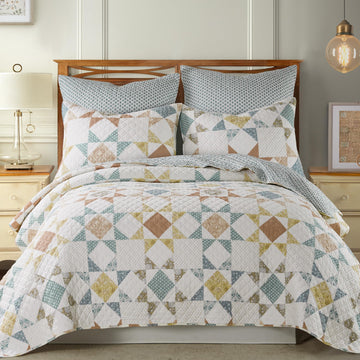 Lottie Quilt Set - Quilt and Two Shams - Patchwork - Sienna Teal Green Ochre Taupe and Cream - Quilt