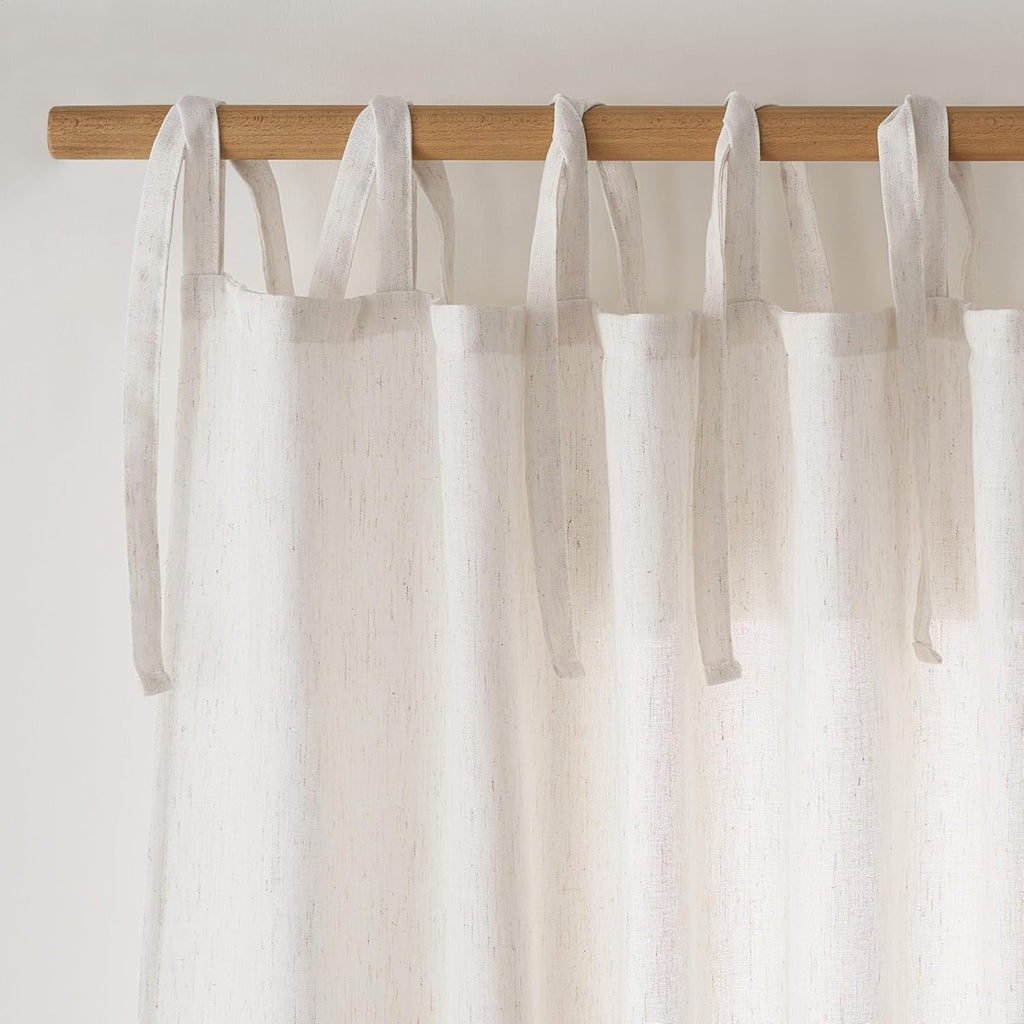 Thick Linen Tie Top Curtains, Light Filtering Drapes Adjustable DIY Crafted Privacy Window Treatments
