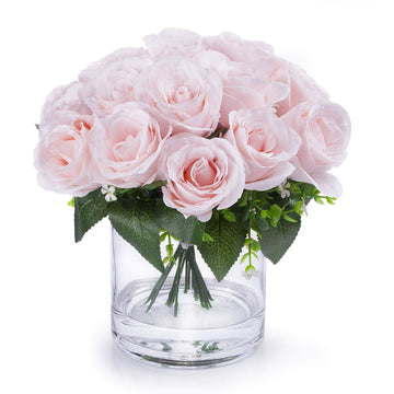 Silk Open Rose Flower Arrangement in Clear Glass Vase with Faux Water (Pink)