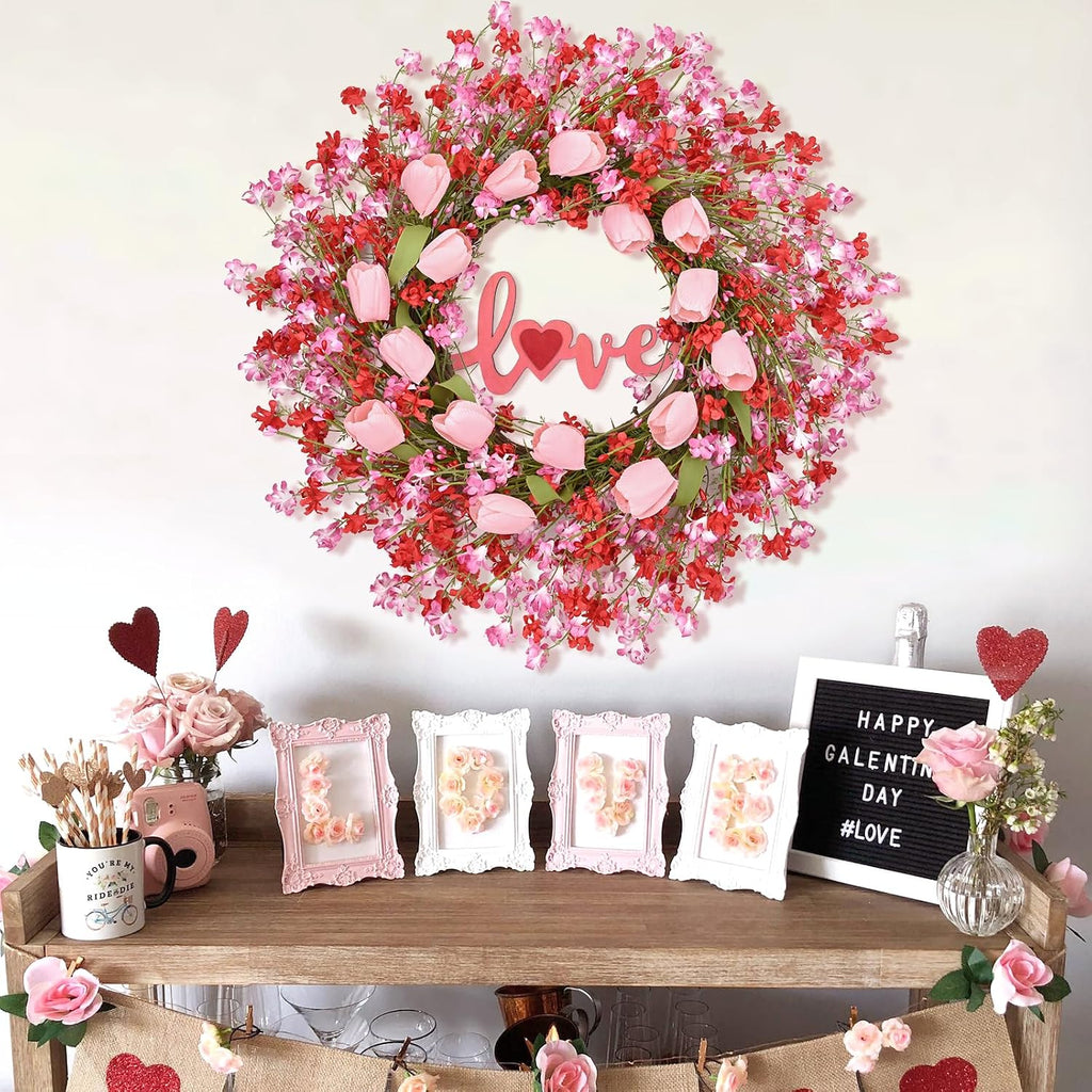 22IN Valentines Day Wreath Decorations, Wreath for Front Door, Pink Tulip Valentine, Spring Summer for Valentine's
