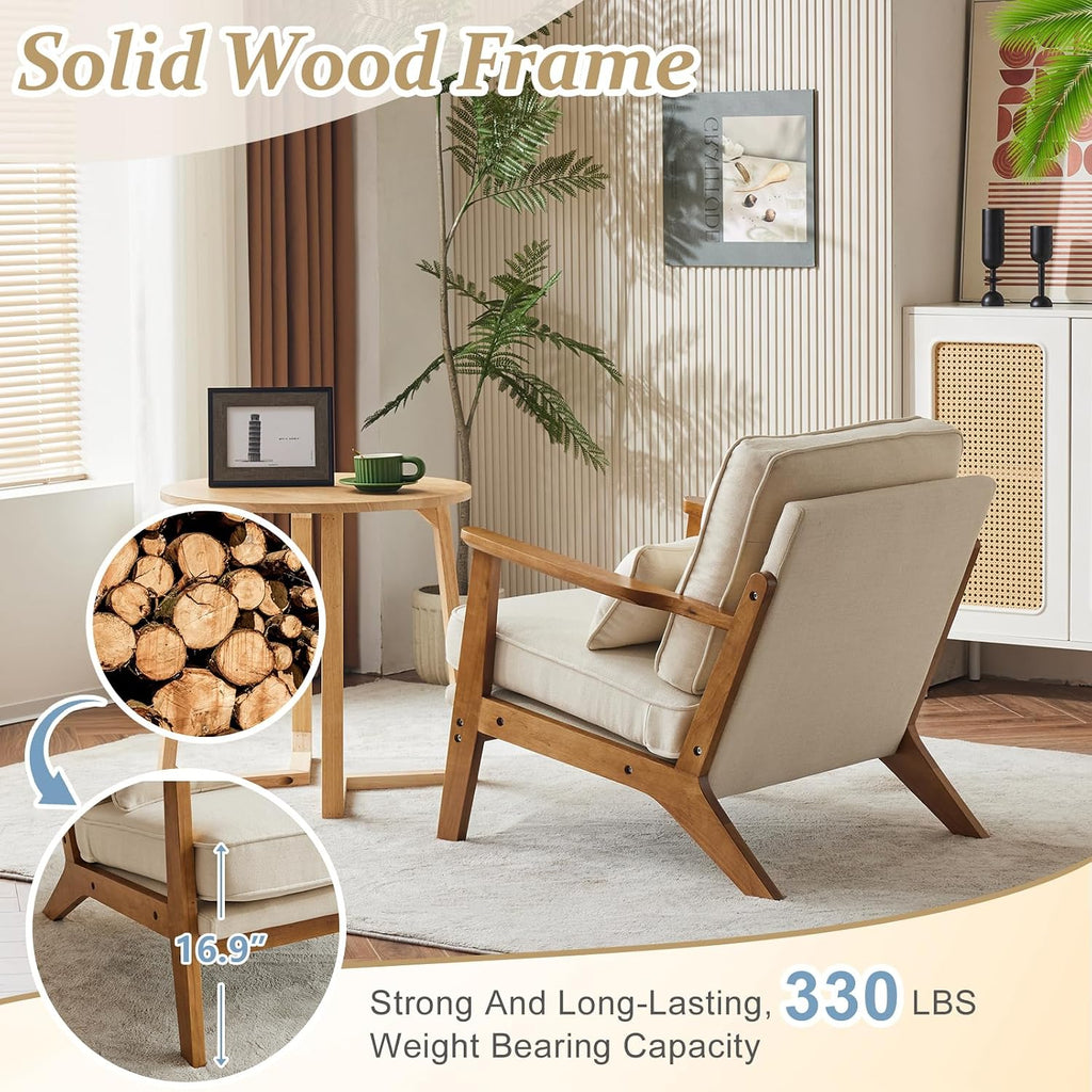 Solid Wood Wide Armrests Accent Chair,Upholstered Mid Century Modern Chair with Pillow,Comfy Reading Chair Farmhouse