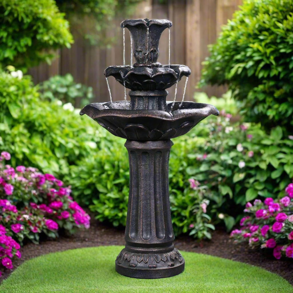 Lily Flower Floor Pedestal 3 Tiered Floor Waterfall Fountain with Pump Patio Garden Backyard Decking, 38 Inch Height