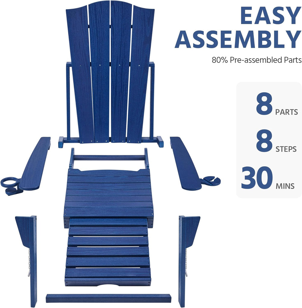 Adirondack Chairs 1pcs Outdoor Folding Set with Ottoman,Navy Blue | All-weather patio fire pit seating with