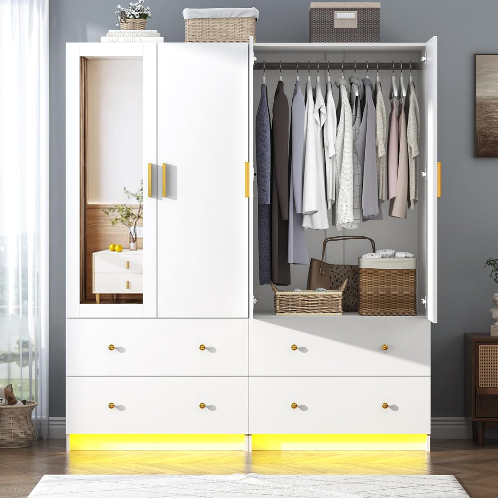 2 Doors Armoire Wardrobe Closet with Mirror, LED Closet with Doors and Drawers, Wooden Wardrobe Storage Cabinet with