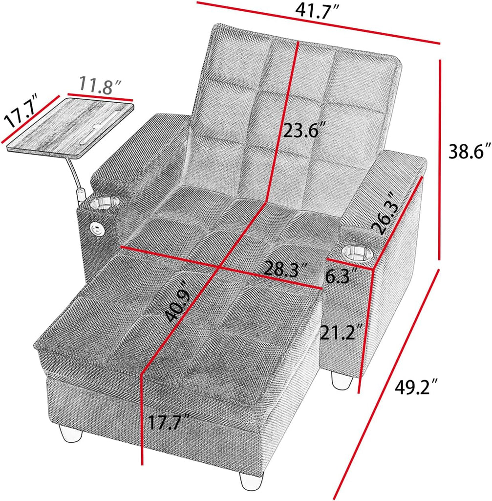 41.7" Chaise Lounge Sleeper Chair Bed, Convertible Recliner Sofa with 6 Level Adjustable Backrest, USB Charging, Cup