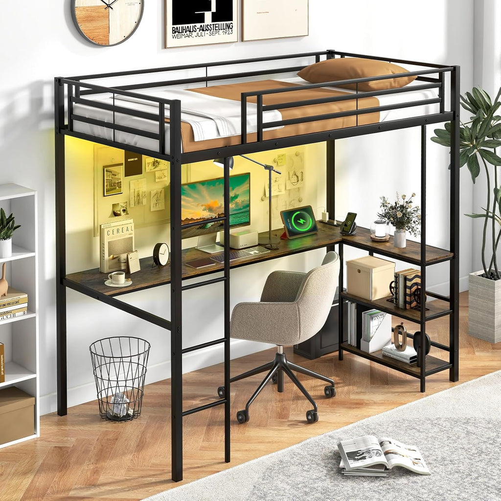 Twin Loft Bed with L-Shaped Desk & Storage Shelves, Metal Loft Bed with Power Outlet & LED Lights, Anti-Tipping Kits