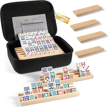 Mexican Train Dominoes Set with 8 Wooden Trays/Racks, Double 15 Dominos Travel Set with 8 Tiles Holders, 136 Tiles - Set of 136