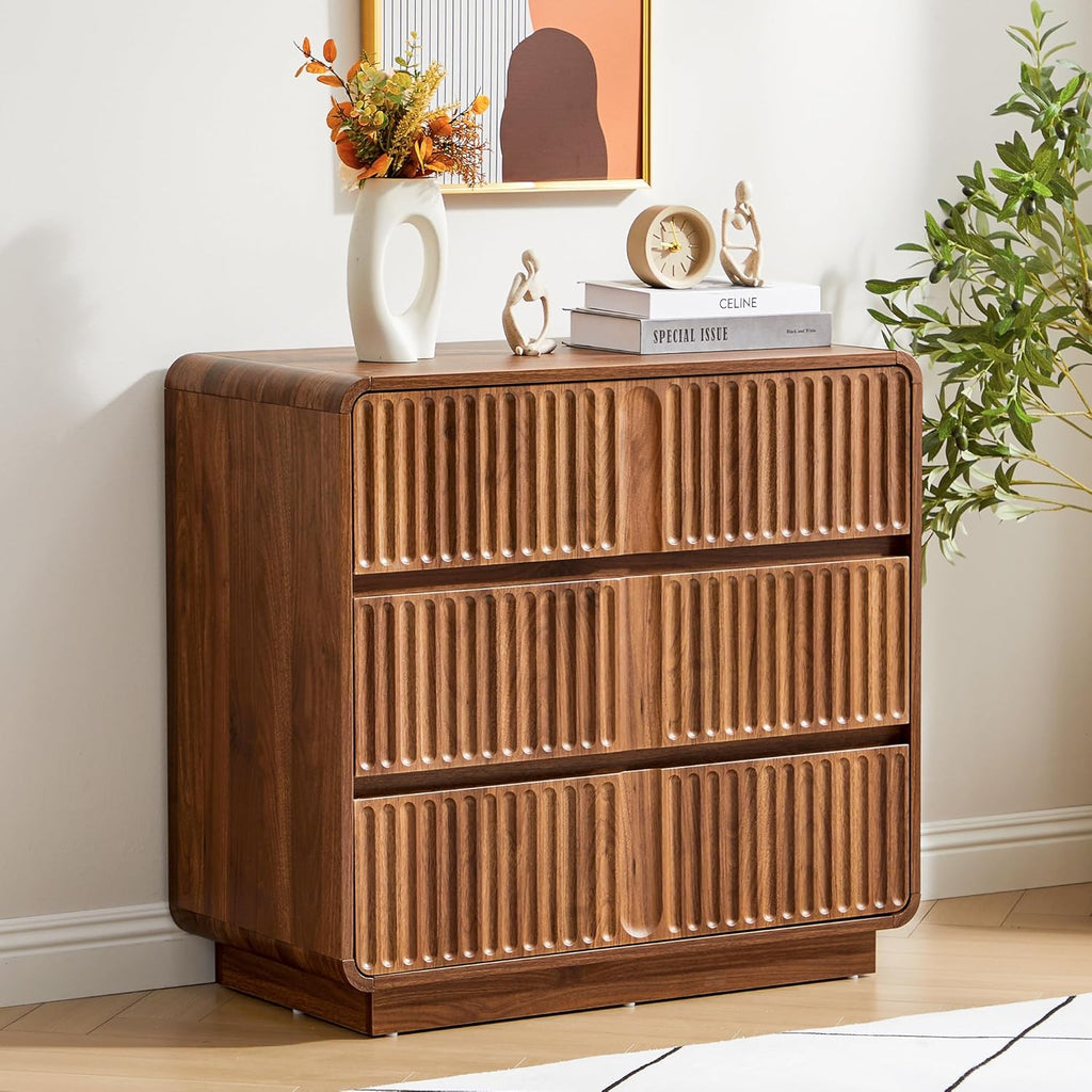 3 Drawer Dresser, 31.5" Wide, Walnut Brown | Mid Century Modern Wood, Chest of Drawers, Fluted Design, Living Room