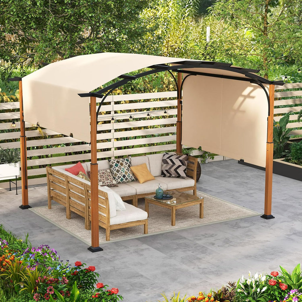 Arched Patio Shelter Pavilion with Retractable Sun Shade Canopy, Extra Large Outdoor Pergola for Deck, Porch, Garden