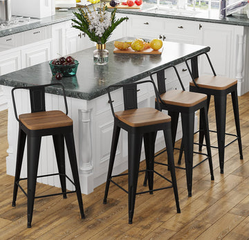 Bar Stools Set of 4 Metal Bar Stool Counter Height Bar Stools Black, Modern 24" Bar Chairs with Back and Wooden Seat