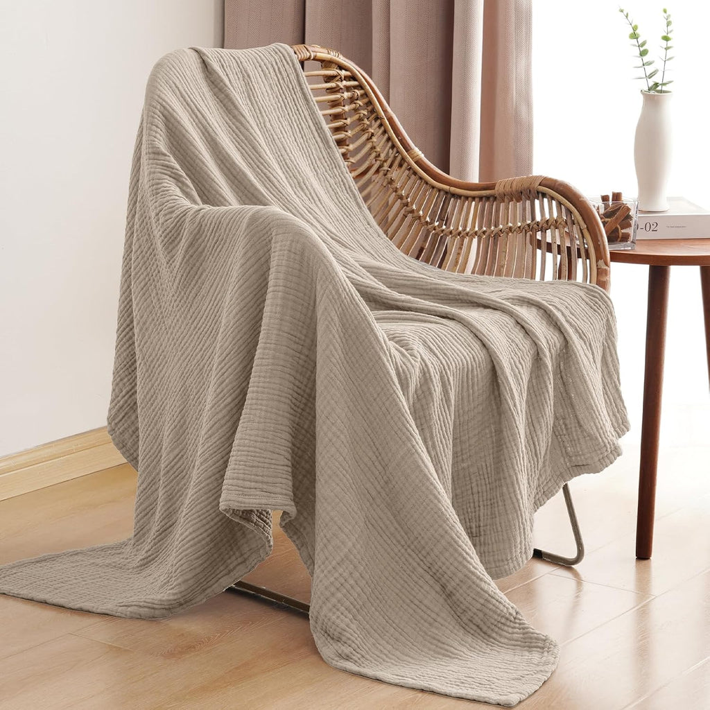 100% Cotton Muslin Throw Blanket 50" x 60", 4-Layer Lightweight Gauze Throw, Breathable Cloud-Soft Minimalist