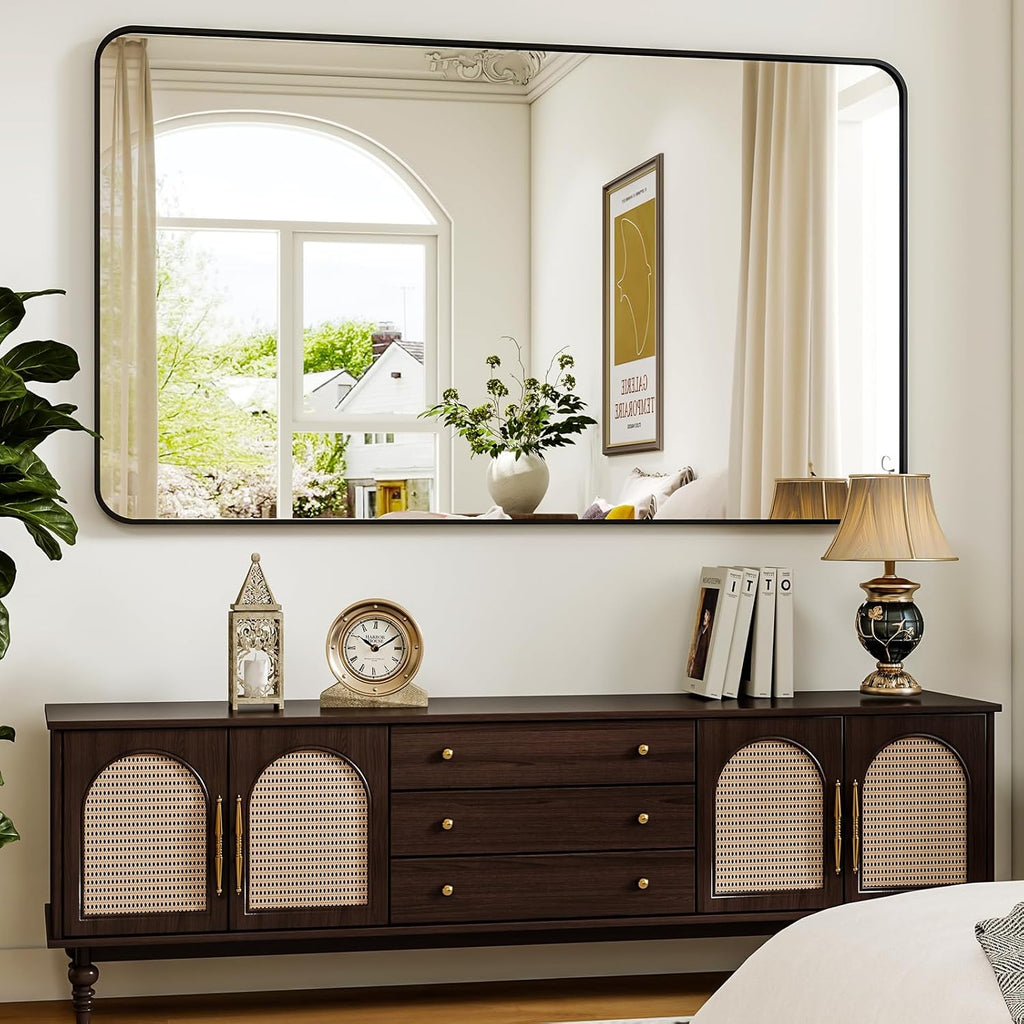 30 x 48 Inch Bathroom Mirror, Rounded Rectangular Vanity Mirror for Wall, Modern Mirror for Room Decor, Black Framed