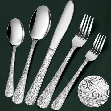 Vintage Carved Silverware Set for 8, Stainless Steel Flatware Set with Knife/Fork/Spoon, Cutlery Set