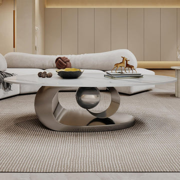 Modern Oval Coffee Table Luxury Sintered Stone Top Coffee Table with Sculptural Geometric Stainless Steel Base,Mid-Cen