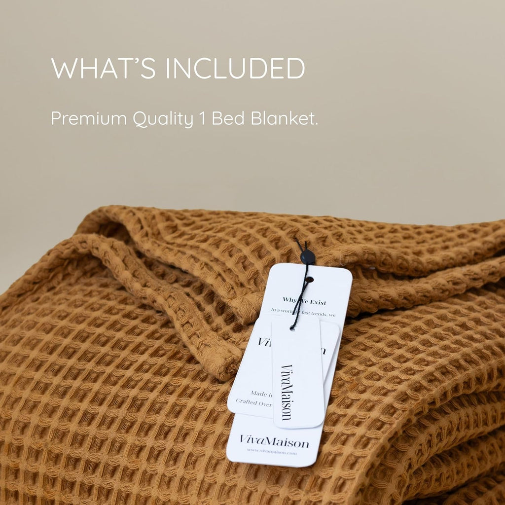 Luxury All Season Waffle Throw Blanket Queen XL Size Caramel - Pure 100% Turkish Cotton Light Airy Blankets