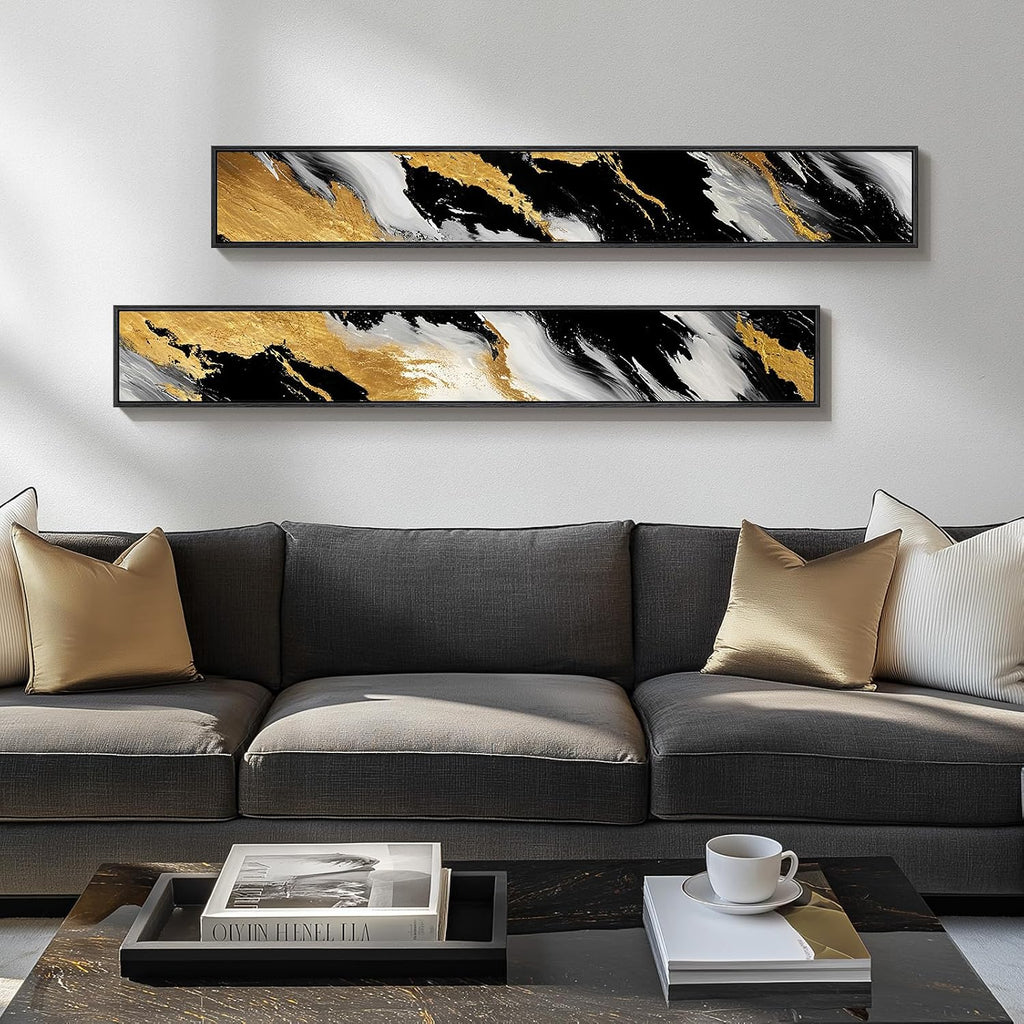 Framed Long Narrow Vertical Abstract Wall Art Set, 2 Piece Black White Gold Luxury Modern Canvas Prints Paintings