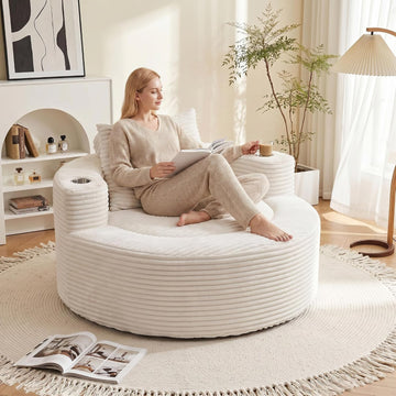 55.5" Oversized Round Chaise Lounge Chair Indoor, Corduroy White | Modern Upholstered Boneless Chair, Deep Seat