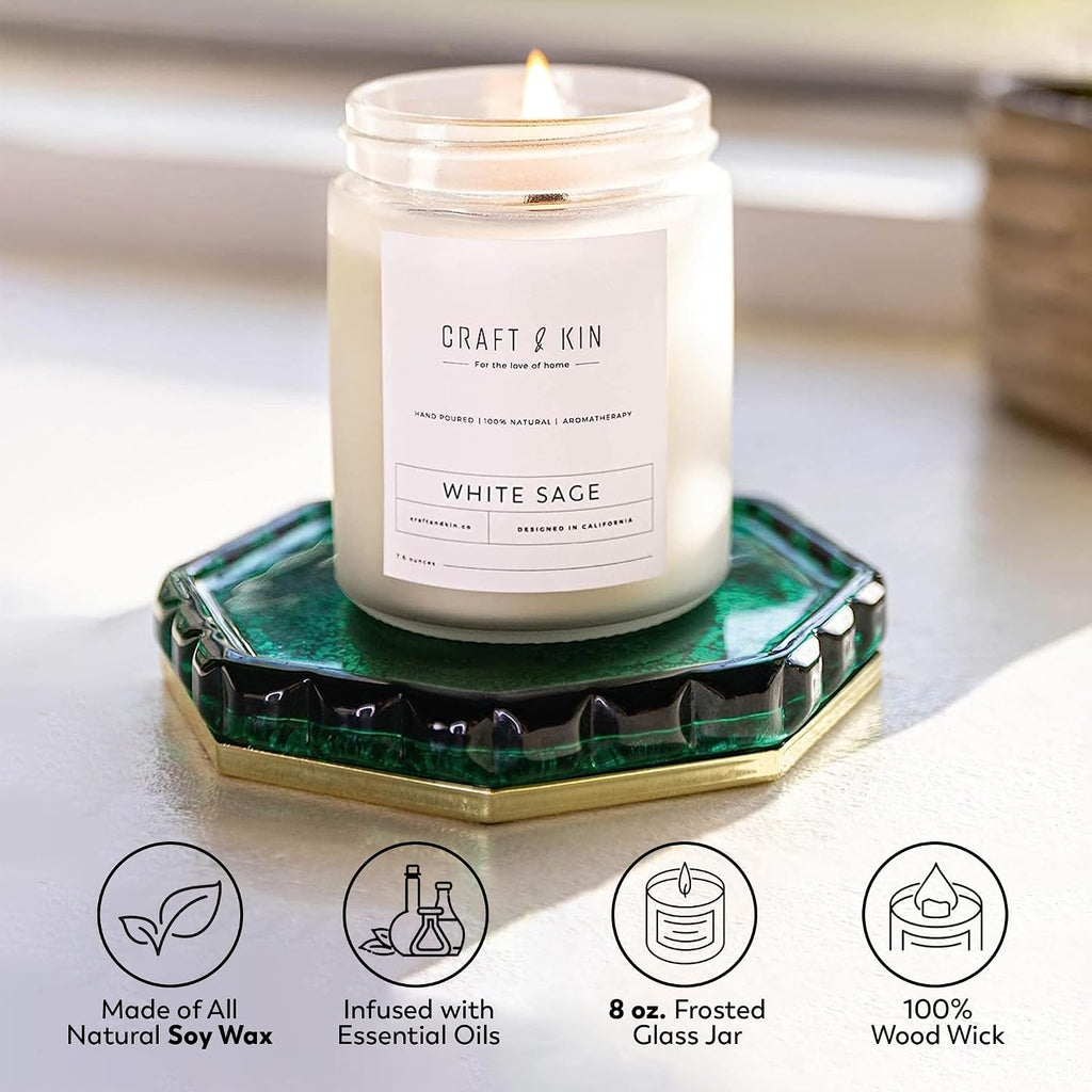 Premium White Sage Scented Candle - Long Lasting, 45 Hour Burn Time - Luxury Natural Soy Scented Candle - Room Decor - Set of 3