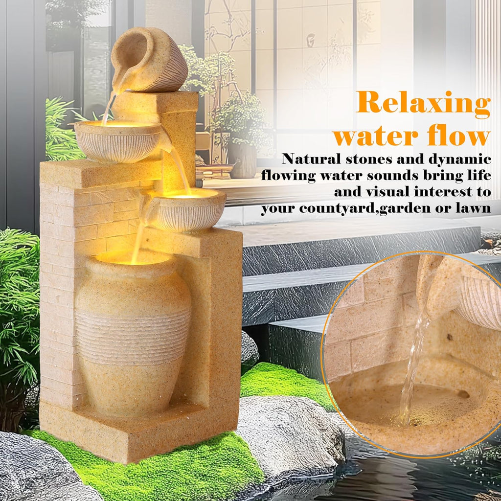 4-Tier Outdoor Garden Water Fountain, 32" H Freestanding Resin Cascading Bowls Fountain with LEDs and Pump