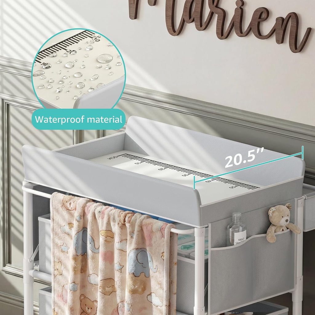 Baby Changing Table with 4 Drawers, Waterproof Diaper Changing Station with Storage, Adjustable Height Baby Changing