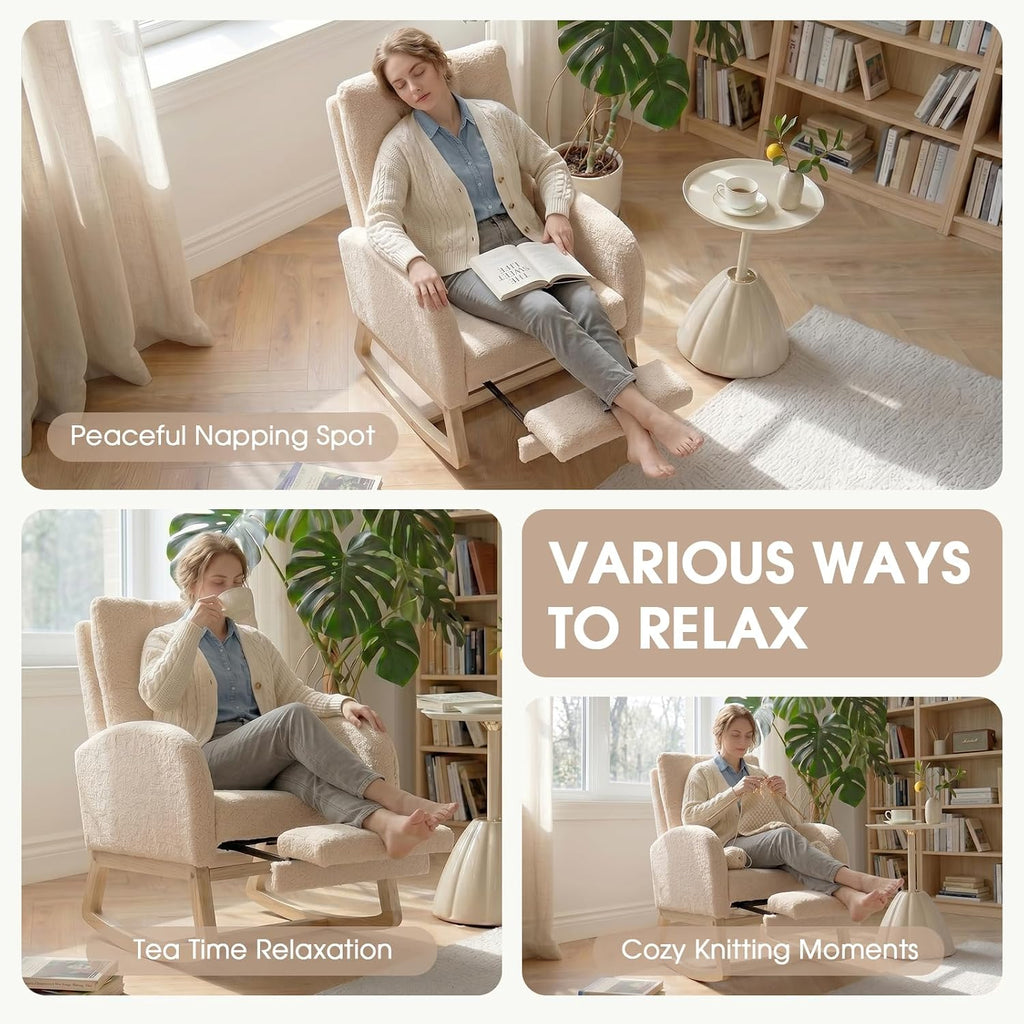 Modern Nursery Rocking Chair with Footrest, Teddy Upholstered Recliner Glider Chair with Diamond Shape Back, Tufted