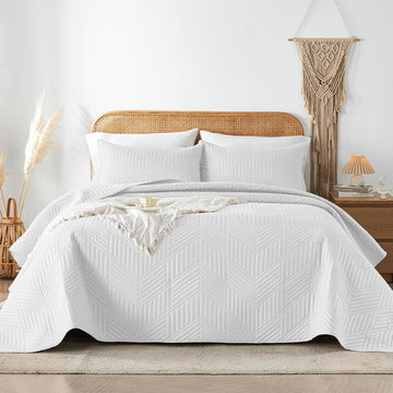 Quilt Bedding Set, White Ultrasonic Quilt Set Reversible Microfiber Bedspread, Lightweight Soft Modern