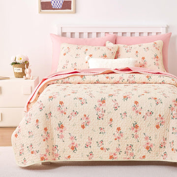 Floral Quilt Set, 100% Cotton Fabric, Botanical Colorful Flower Polka Dot, Reversible Lightweight Bedspread Coverlet