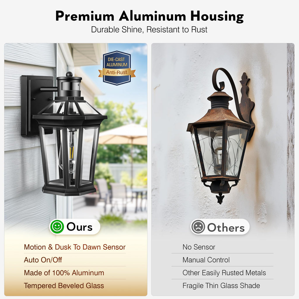 Motion Sensor Outdoor Lighting, Outdoor Wall Lights Wall Mount with Clear Glass, Black Dusk to Dawn Garage Light