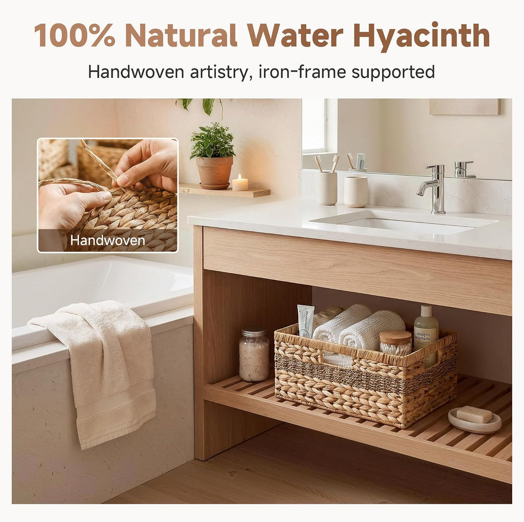 Jumbo Rectangular Wicker Basket, Water Hyacinth and Seagrass Storage Basket with Built-in Handles, 1 Pack | Woven