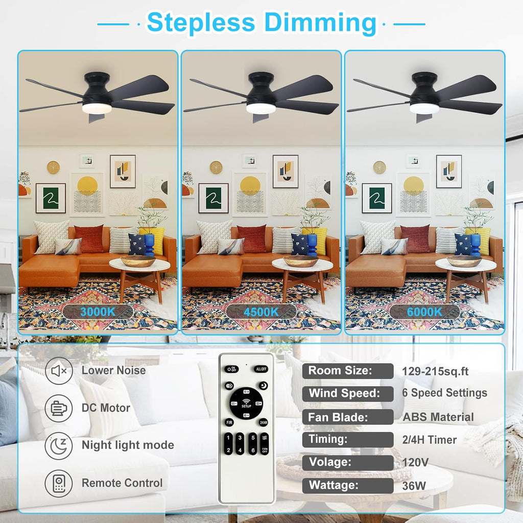 Modern Ceiling Fan with Light: 42-Inch Black Small Fans - Dimmable Low Profile Ceiling Fans with Remote Control Flush