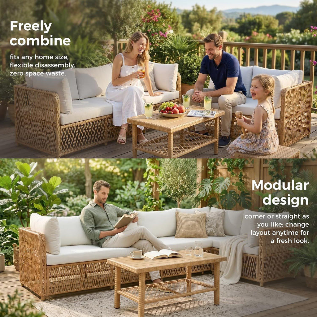 Patio Sectional Furniture Set with Waterproof Cover, Oversized Wicker Outdoor Furniture Set w/Water-Resistant Fabric