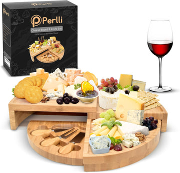 Bamboo Cheese Board & Knife Set, Large Folding 18 Inch Round Wood Rotating Charcuterie Board Set Cheese Meat Wine