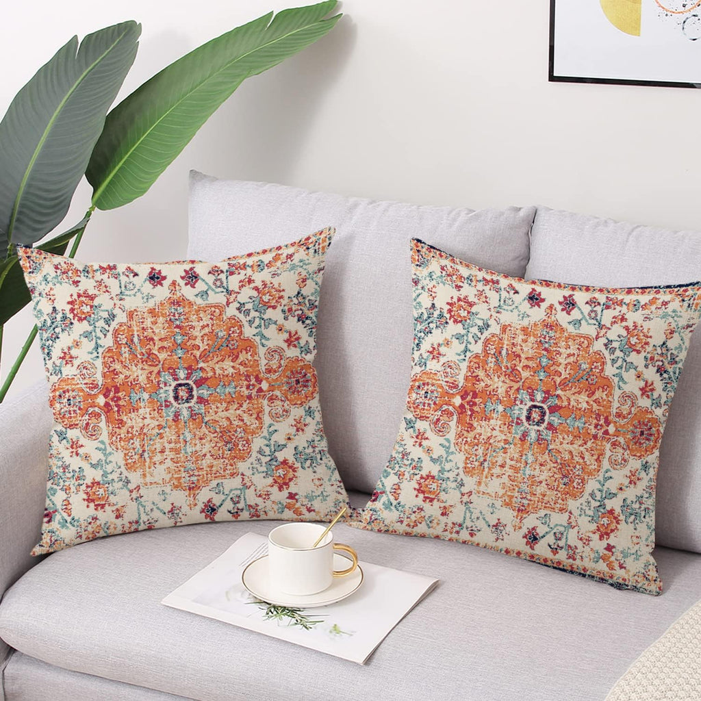 Outdoor Waterproof Pillow Covers 18X18 Inch Set of 2 - Bohemian Vintage Carpet Pattern Orange Blue Ethnic Design