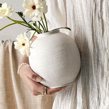 Small White Ceramic Vase - 6.3 Inch Rustic Farmhouse Flower Vase