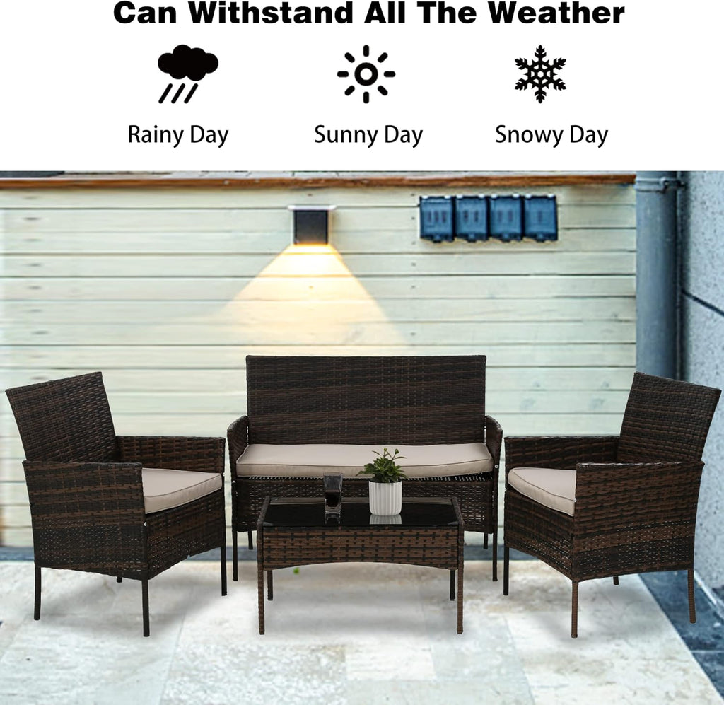 4 Pieces Patio Furniture Set Rattan Outside Furniture Wicker Sofa Garden Conversation Sets with Soft Cushion and Glass